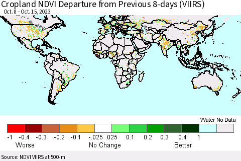 World Cropland NDVI Departure from Previous 8-days (VIIRS) Thematic Map For 10/8/2023 - 10/15/2023