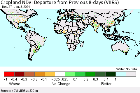 World Cropland NDVI Departure from Previous 8-days (VIIRS) Thematic Map For 12/27/2023 - 1/3/2024