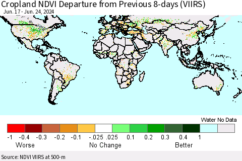 World Cropland NDVI Departure from Previous 8-days (VIIRS) Thematic Map For 6/17/2024 - 6/24/2024