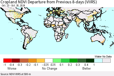 World Cropland NDVI Departure from Previous 8-days (VIIRS) Thematic Map For 10/23/2024 - 10/30/2024