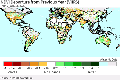 World NDVI Departure from Previous Year (VIIRS) Thematic Map For 4/7/2021 - 4/14/2021