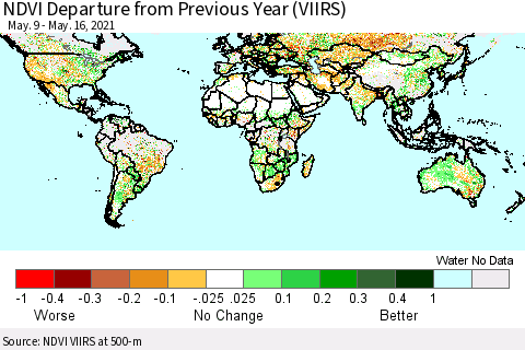 World NDVI Departure from Previous Year (VIIRS) Thematic Map For 5/9/2021 - 5/16/2021
