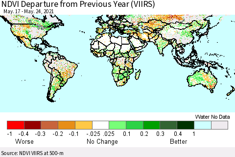 World NDVI Departure from Previous Year (VIIRS) Thematic Map For 5/17/2021 - 5/24/2021