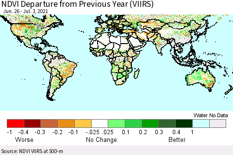 World NDVI Departure from Previous Year (VIIRS) Thematic Map For 6/26/2021 - 7/3/2021