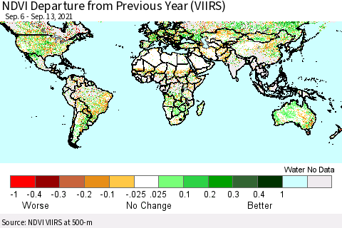 World NDVI Departure from Previous Year (VIIRS) Thematic Map For 9/6/2021 - 9/13/2021