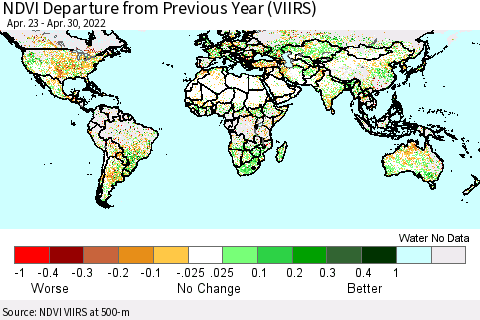 World NDVI Departure from Previous Year (VIIRS) Thematic Map For 4/23/2022 - 4/30/2022