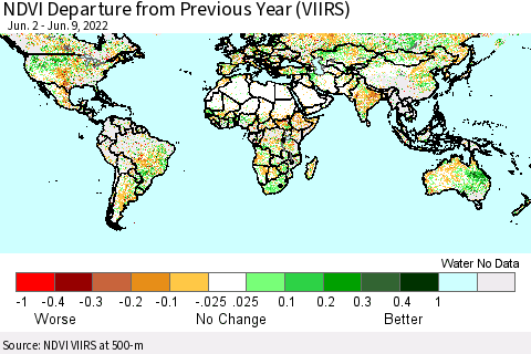 World NDVI Departure from Previous Year (VIIRS) Thematic Map For 6/2/2022 - 6/9/2022