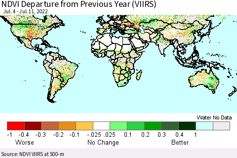 World NDVI Departure from Previous Year (VIIRS) Thematic Map For 7/4/2022 - 7/11/2022