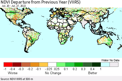 World NDVI Departure from Previous Year (VIIRS) Thematic Map For 7/20/2022 - 7/27/2022