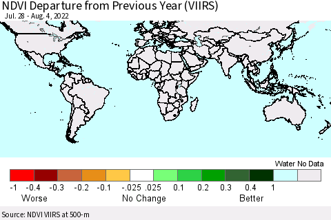 World NDVI Departure from Previous Year (VIIRS) Thematic Map For 7/28/2022 - 8/4/2022