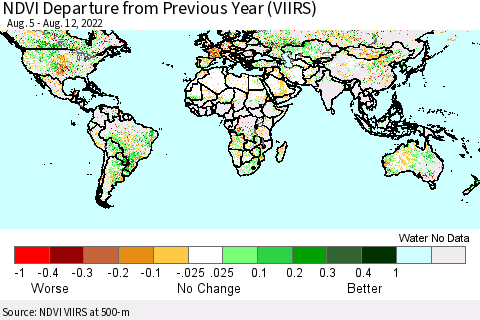 World NDVI Departure from Previous Year (VIIRS) Thematic Map For 8/5/2022 - 8/12/2022