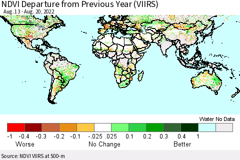 World NDVI Departure from Previous Year (VIIRS) Thematic Map For 8/13/2022 - 8/20/2022