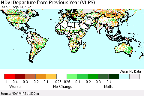 World NDVI Departure from Previous Year (VIIRS) Thematic Map For 9/6/2022 - 9/13/2022