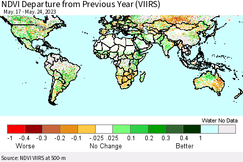 World NDVI Departure from Previous Year (VIIRS) Thematic Map For 5/17/2023 - 5/24/2023