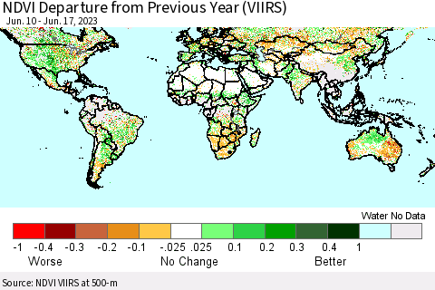 World NDVI Departure from Previous Year (VIIRS) Thematic Map For 6/10/2023 - 6/17/2023