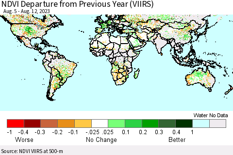 World NDVI Departure from Previous Year (VIIRS) Thematic Map For 8/5/2023 - 8/12/2023