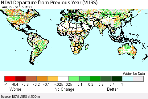 World NDVI Departure from Previous Year (VIIRS) Thematic Map For 8/29/2023 - 9/5/2023