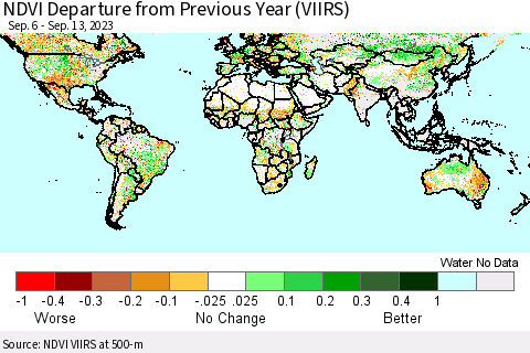 World NDVI Departure from Previous Year (VIIRS) Thematic Map For 9/6/2023 - 9/13/2023