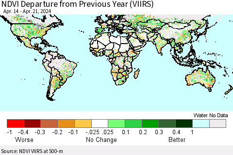 World NDVI Departure from Previous Year (VIIRS) Thematic Map For 4/14/2024 - 4/21/2024