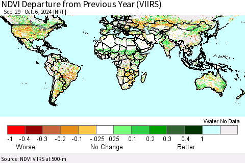 World NDVI Departure from Previous Year (VIIRS) Thematic Map For 9/29/2024 - 10/6/2024