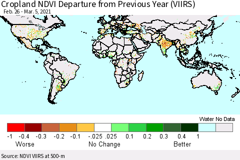 World Cropland NDVI Departure from Previous Year (VIIRS) Thematic Map For 2/26/2021 - 3/5/2021