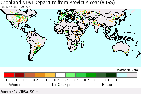 World Cropland NDVI Departure from Previous Year (VIIRS) Thematic Map For 9/22/2021 - 9/29/2021