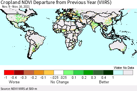 World Cropland NDVI Departure from Previous Year (VIIRS) Thematic Map For 11/9/2021 - 11/16/2021