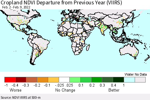 World Cropland NDVI Departure from Previous Year (VIIRS) Thematic Map For 2/2/2022 - 2/9/2022