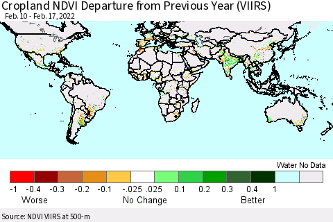 World Cropland NDVI Departure from Previous Year (VIIRS) Thematic Map For 2/10/2022 - 2/17/2022