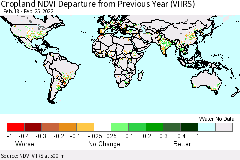 World Cropland NDVI Departure from Previous Year (VIIRS) Thematic Map For 2/18/2022 - 2/25/2022