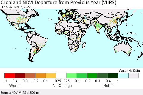 World Cropland NDVI Departure from Previous Year (VIIRS) Thematic Map For 2/26/2022 - 3/5/2022