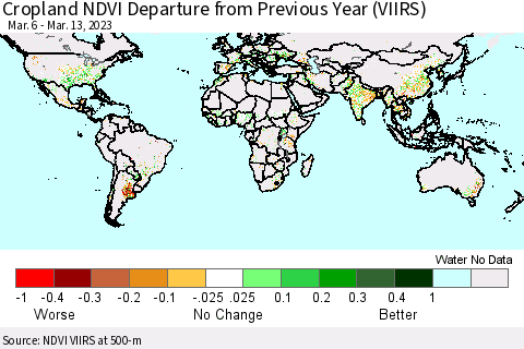 World Cropland NDVI Departure from Previous Year (VIIRS) Thematic Map For 3/6/2023 - 3/13/2023