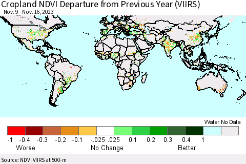 World Cropland NDVI Departure from Previous Year (VIIRS) Thematic Map For 11/9/2023 - 11/16/2023
