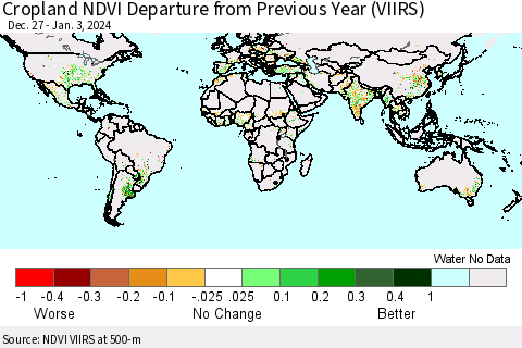 World Cropland NDVI Departure from Previous Year (VIIRS) Thematic Map For 12/27/2023 - 1/3/2024