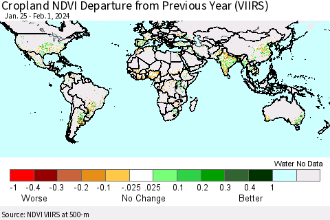 World Cropland NDVI Departure from Previous Year (VIIRS) Thematic Map For 1/25/2024 - 2/1/2024