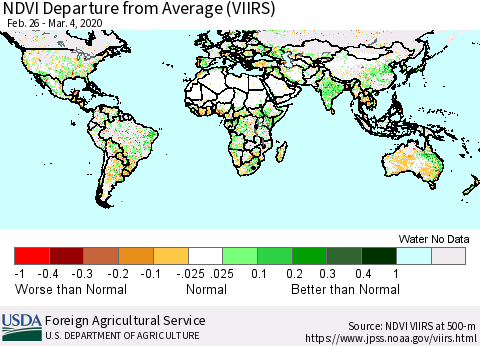 World NDVI Departure from Average (VIIRS) Thematic Map For 3/1/2020 - 3/10/2020