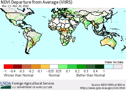 World NDVI Departure from Average (VIIRS) Thematic Map For 3/11/2020 - 3/20/2020