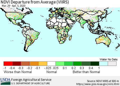 World NDVI Departure from Average (VIIRS) Thematic Map For 4/1/2020 - 4/10/2020