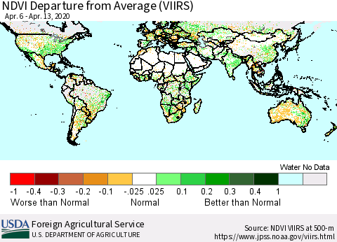 World NDVI Departure from Average (VIIRS) Thematic Map For 4/11/2020 - 4/20/2020