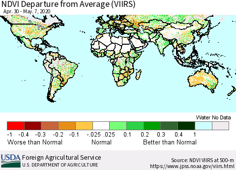 World NDVI Departure from Average (VIIRS) Thematic Map For 5/1/2020 - 5/10/2020