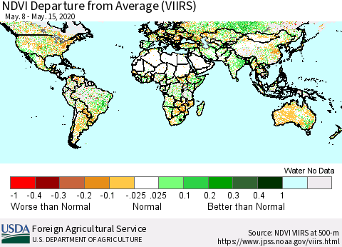 World NDVI Departure from Average (VIIRS) Thematic Map For 5/11/2020 - 5/20/2020