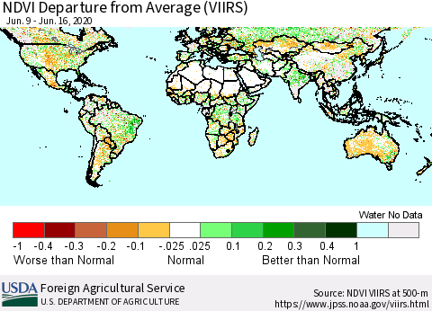 World NDVI Departure from Average (VIIRS) Thematic Map For 6/11/2020 - 6/20/2020