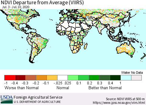 World NDVI Departure from Average (VIIRS) Thematic Map For 7/1/2020 - 7/10/2020