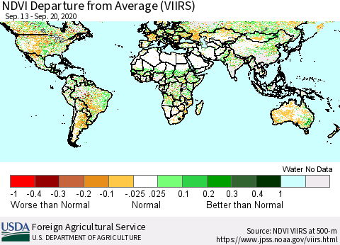 World NDVI Departure from Average (VIIRS) Thematic Map For 9/11/2020 - 9/20/2020