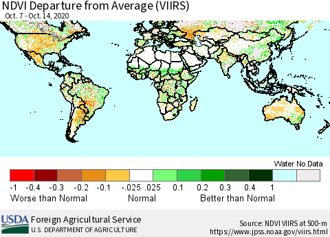 World NDVI Departure from Average (VIIRS) Thematic Map For 10/11/2020 - 10/20/2020