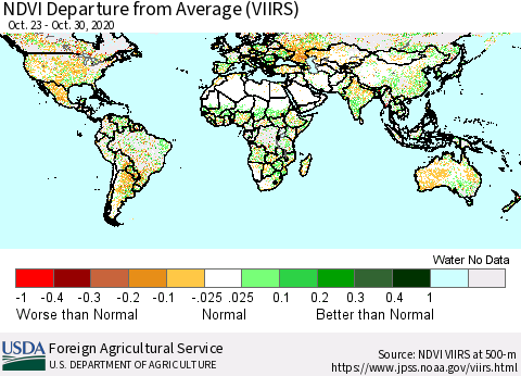 World NDVI Departure from Average (VIIRS) Thematic Map For 10/21/2020 - 10/31/2020