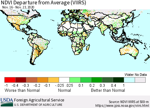 World NDVI Departure from Average (VIIRS) Thematic Map For 11/21/2020 - 11/30/2020