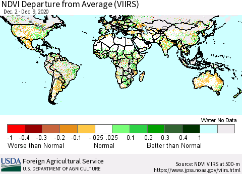 World NDVI Departure from Average (VIIRS) Thematic Map For 12/1/2020 - 12/10/2020