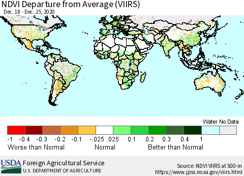 World NDVI Departure from Average (VIIRS) Thematic Map For 12/21/2020 - 12/31/2020