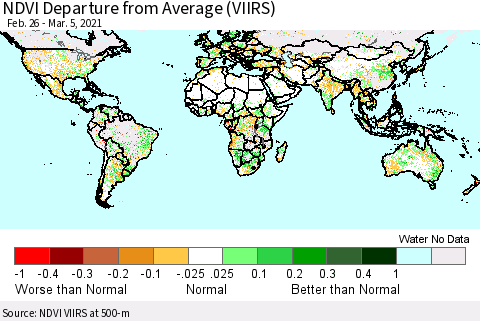 World NDVI Departure from Average (VIIRS) Thematic Map For 2/26/2021 - 3/5/2021